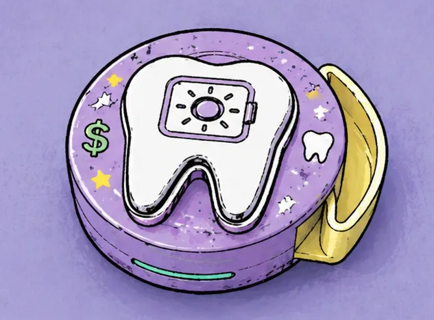 Hand-drawn illustration of the ToothSafe tooth fairy box — a purple circular disc with a tooth on the front, as depicted in the book