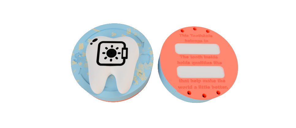 The ToothSafe — front and back of the circular keepsake disc, showing a tooth embossed on light blue silicone with a safe icon, and the coral back with fill-in fields